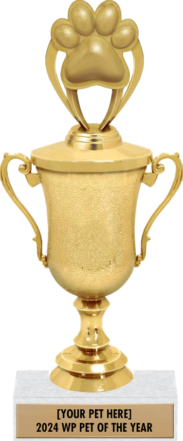 A gold tropy with a paw on top with an engraving on a metal plaque on a marble base reading "[YOUR PET HERE] 2024 WP PET OF THE YEAR"